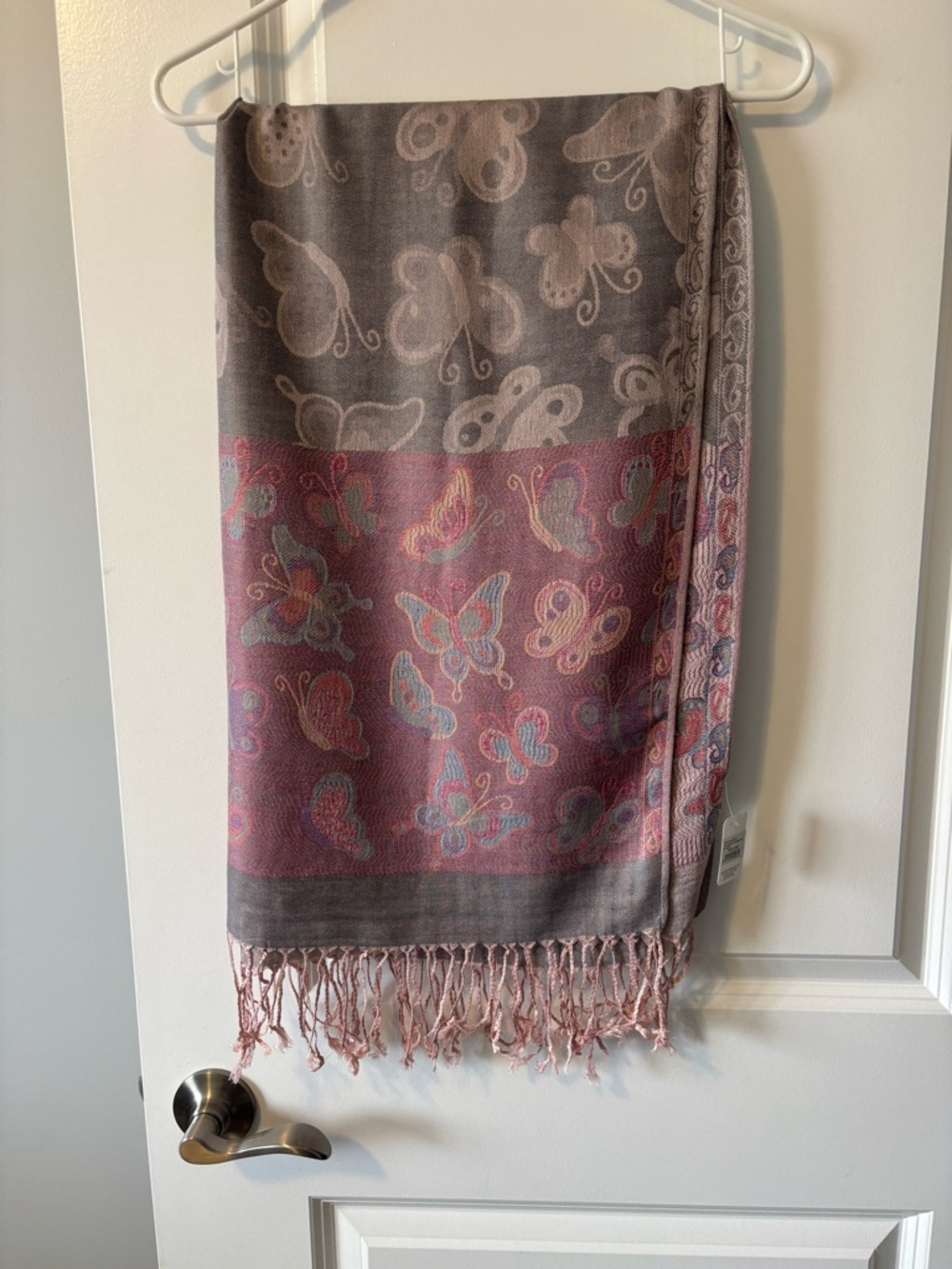 pashmina Pink and Gray Butterfly Pattern Scarf with Fringe